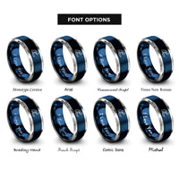 font options for inside engraving on blue & grey single wave moon rings