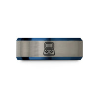 personalized rings for her – blue & silver tungsten clamshell handheld wedding band