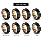 font options for inside engraving on black & rose gold sixteenth notes rings