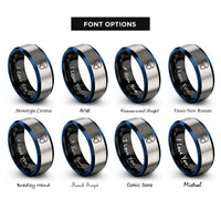 font options for inside engraving on black & blue & gray skate helmet rings