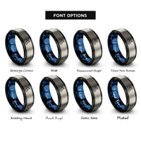 font options for inside engraving on black & blue & silver ski boots pair rings