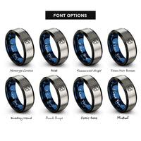 font options for inside engraving on black & blue & grey ski helmet rings
