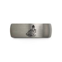 engraved rings for her – black & grey tungsten coastal cliffs lighthouse wedding band