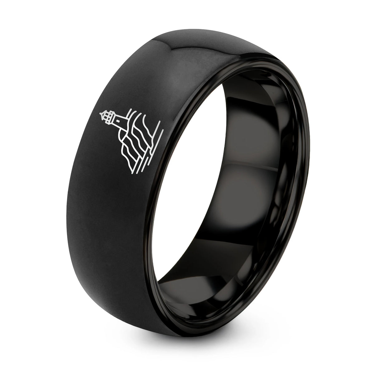 Small Gift for Women – black tungsten coastal cliffs lighthouse ring