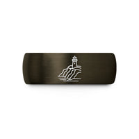 engraved rings for her – gunmetal & black tungsten coastal cliffs lighthouse wedding band
