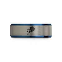 dainty ring for her – black & blue & gray tungsten tennis ball racket wedding band