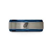 laser engraved men ring – blue & silver tungsten banana leaf wedding band