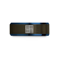 engraved rings for him – gunmetal & blue tungsten tatami tile wedding band