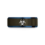 unique anniversary present ideas – gunmetal & blue tungsten biohazard symbol wedding band