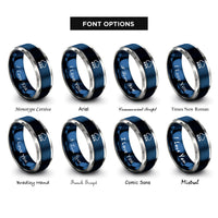 font options for inside engraving on blue & gray snow cloud snowflakes rings