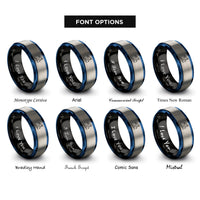 font options for inside engraving on black & blue & grey snowboarder carving rings