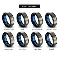 font options for inside engraving on black & blue & grey snowflake paw circle rings