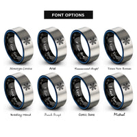 font options for inside engraving on black & blue & silver snowflake star rings