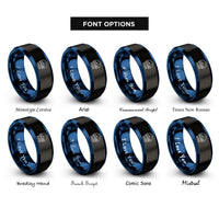 font options for inside engraving on black & blue snowglobe scene rings