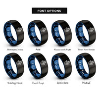 font options for inside engraving on black & blue snowman rings