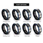 font options for inside engraving on black & blue & gray snowshoer silhouette poles rings