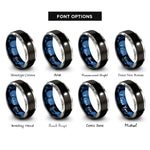 font options for inside engraving on black & blue & grey solar eclipse diagram rings
