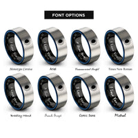 font options for inside engraving on black & blue & silver solar eclipse diagram rings