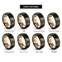 font options for inside engraving on gunmetal & rose gold soybean pod rings