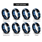 font options for inside engraving on blue & silver spacetime grid warp rings