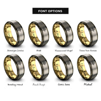 font options for inside engraving on gunmetal & gold & grey sparkle line rings