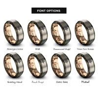 font options for inside engraving on gunmetal & rose gold & silver sparkle line rings