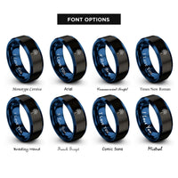 font options for inside engraving on black & blue sparkler rings