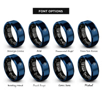 font options for inside engraving on black & blue sparkler rings