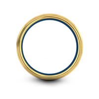 women’s tungsten fashion ring – egg hunt silhouette engraving on gold & blue & grey tungsten wedding band