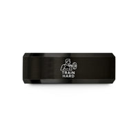 tungsten band for couples – black & gold tungsten train hard barbell wedding band
