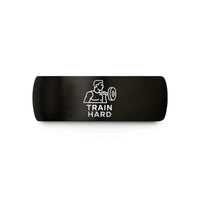 mens tungsten band style – black & rose gold tungsten train hard barbell wedding band