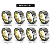 font options for inside engraving on gold & blue & grey spectrum line wave rings