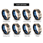 font options for inside engraving on rose gold & blue & grey spectrum line wave rings