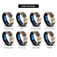 font options for inside engraving on rose gold & blue & grey spectrum line wave rings