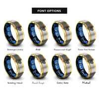 font options for inside engraving on gold & blue & grey spectrum lines heart rings