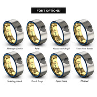 font options for inside engraving on gold & blue & grey spectrum lines heart rings