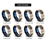 font options for inside engraving on rose gold & blue & silver spectrum lines heart rings