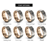 font options for inside engraving on rose gold & gray spectrum lines heart rings