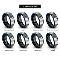 font options for inside engraving on black & blue & gray speech bubble rings