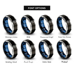 font options for inside engraving on black & blue & grey spellbook emblem quill rings