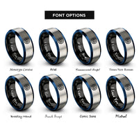 font options for inside engraving on black & blue & gray spiral galaxy rings