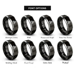 font options for inside engraving on black & silver spiral knot triskele rings