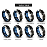 font options for inside engraving on black & blue & gray spiral shell rings