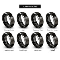 font options for inside engraving on black & silver spiral triskelion circle rings