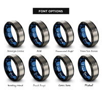 font options for inside engraving on black & blue & gray square grid rings