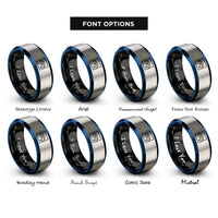 font options for inside engraving on black & blue & grey squash court icon rings