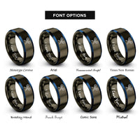 font options for inside engraving on gunmetal & blue squash racquets rings