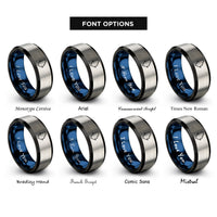 font options for inside engraving on black & blue & silver stairs down arrow rings