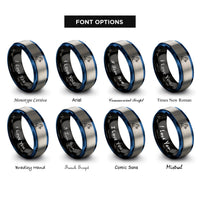 font options for inside engraving on black & blue & silver stallion horse rearing rings