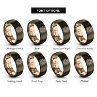 font options for inside engraving on gunmetal & rose gold star confetti rings